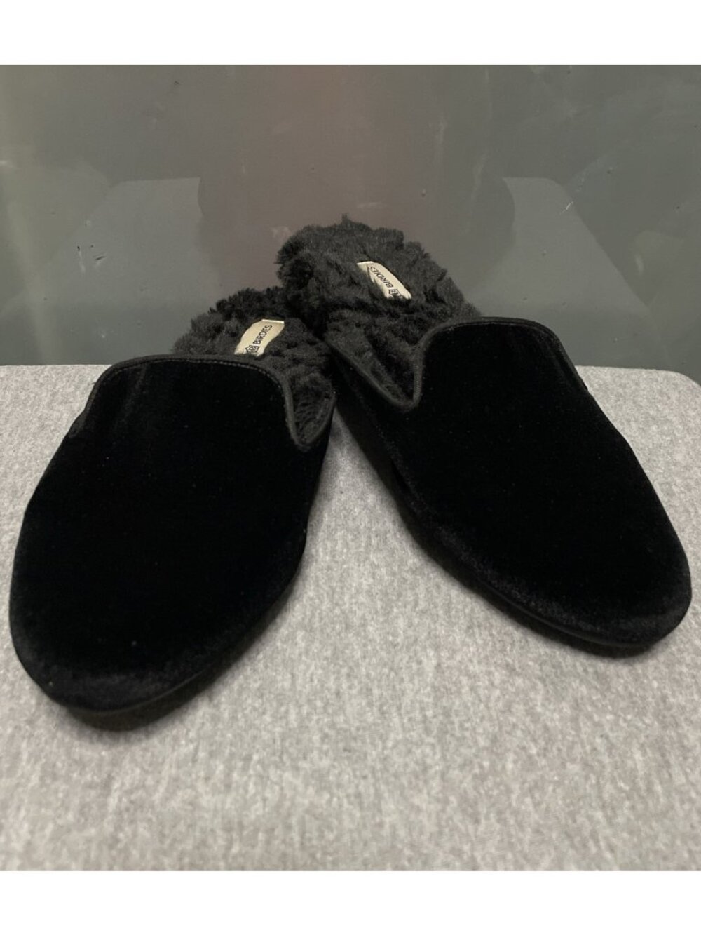 Birdies The Phoebe Women’s 7.5 Black Velvet Faux Fur Lined Slipper Slides Mules